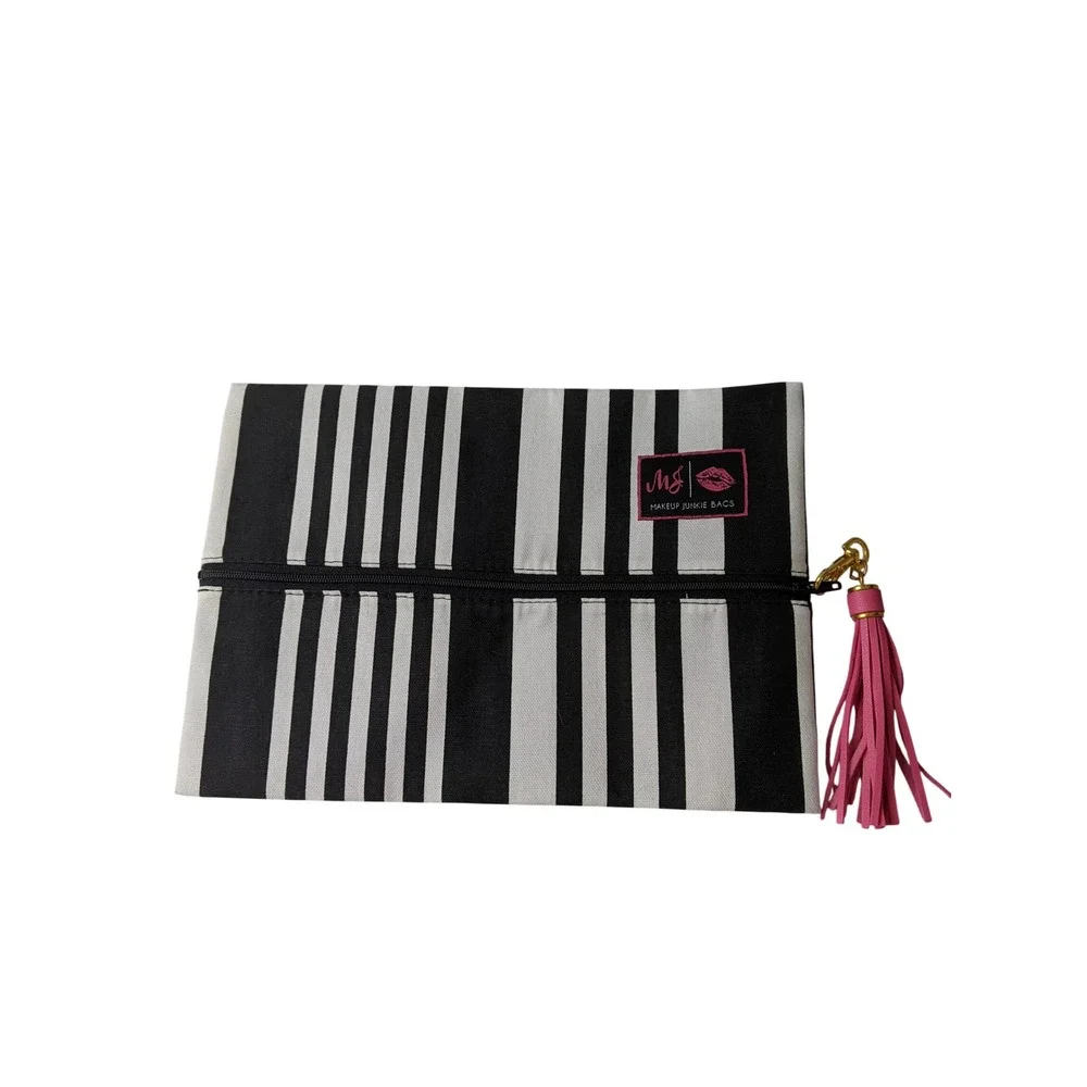 Makeup Junkie Bag Black White Stripe Pink Tassel Cosmetic Pouch Medium Clutch